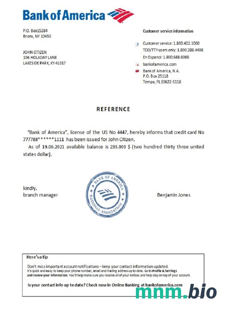 Przykład referencyjny USA Bank of America w formatach Word i PDF